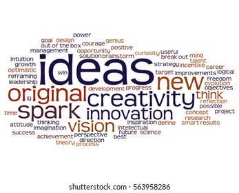 Vector concept conceptual creative new ideas or brainstorming abstract word cloud isolated on background metaphor to spark, creativity, original, innovation, vision, think, achievement, smart genius