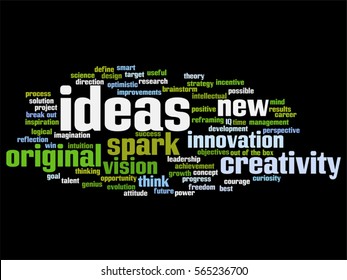 Vector concept conceptual creative new ideas or brainstorming abstract word cloud isolated on background metaphor to spark, creativity, original, innovation, vision, think, achievement, smart genius