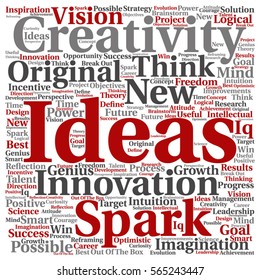Vector concept or conceptual creative new ideas or brainstorming square word cloud isolated on background metaphor to spark, creativity, original, innovation, vision, think, achievement, smart genius