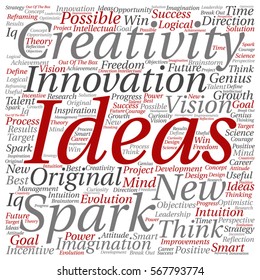 Vector concept or conceptual creative new ideas or brainstorming square word cloud isolated on background metaphor to spark, creativity, original, innovation, vision, think, achievement, smart genius