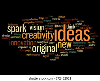 Vector concept conceptual creative new ideas or brainstorming abstract word cloud isolated on background metaphor to spark, creativity, original, innovation, vision, think, achievement, smart genius