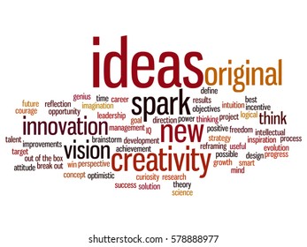 Vector concept conceptual creative new ideas or brainstorming abstract word cloud isolated on background metaphor to spark, creativity, original, innovation, vision, think, achievement, smart genius