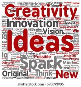 Vector concept or conceptual creative new ideas or brainstorming square word cloud isolated on background metaphor to spark, creativity, original, innovation, vision, think, achievement, smart genius