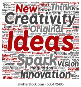 Vector concept or conceptual creative new ideas or brainstorming square word cloud isolated on background metaphor to spark, creativity, original, innovation, vision, think, achievement, smart genius