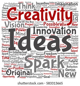 Vector concept or conceptual creative new ideas or brainstorming square word cloud isolated on background metaphor to spark, creativity, original, innovation, vision, think, achievement, smart genius