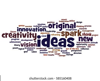 Vector concept conceptual creative new ideas or brainstorming abstract word cloud isolated on background  metaphor to spark, creativity, original, innovation, vision, think, achievement, smart genius