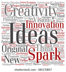 Vector concept or conceptual creative new ideas or brainstorming square word cloud isolated on background metaphor to spark, creativity, original, innovation, vision, think, achievement, smart genius