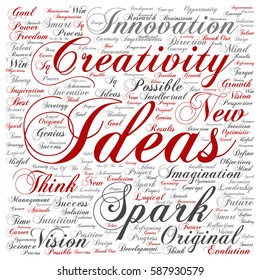 Vector concept or conceptual creative new ideas or brainstorming square word cloud isolated on background metaphor to spark, creativity, original, innovation, vision, think, achievement, smart genius