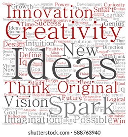 Vector concept or conceptual creative new ideas or brainstorming square word cloud isolated on background metaphor to spark, creativity, original, innovation, vision, think, achievement, smart genius