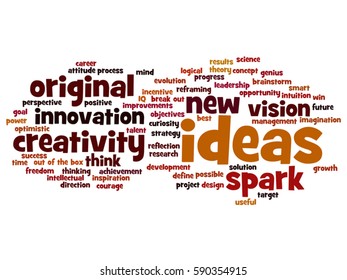 Vector concept conceptual creative new ideas or brainstorming abstract word cloud isolated on background metaphor to spark, creativity, original, innovation, vision, think, achievement, smart genius