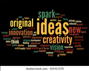 Vector concept conceptual creative new ideas or brainstorming abstract word cloud isolated on background metaphor to spark, creativity, original, innovation, vision, think, achievement, smart genius