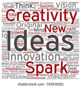 Vector concept or conceptual creative new ideas or brainstorming square word cloud isolated on background metaphor to spark, creativity, original, innovation, vision, think, achievement, smart genius