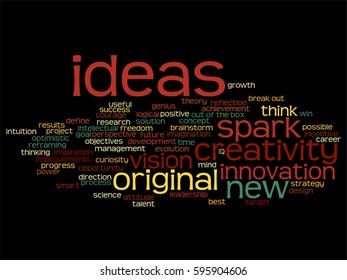 Vector concept conceptual creative new ideas or brainstorming abstract word cloud isolated on background metaphor to spark, creativity, original, innovation vision, think, achievement, smart genius