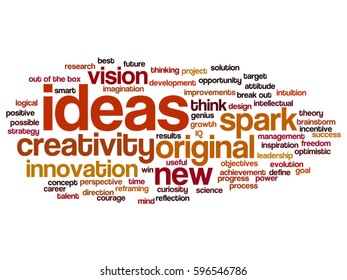 Vector concept conceptual creative new ideas or brainstorming abstract word cloud isolated on background metaphor to spark, creativity, original, innovation, vision, think, achievement, smart genius