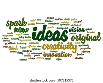 Vector concept conceptual creative new ideas or brainstorming abstract word cloud isolated on background metaphor to spark, creativity, original, innovation, vision, think, achievement, smart genius