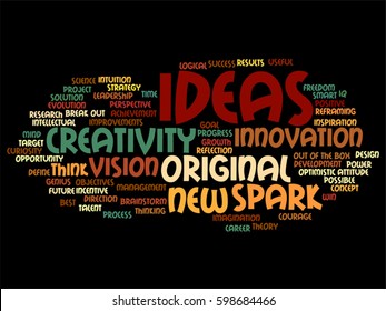 Vector concept conceptual creative new ideas or brainstorming abstract word cloud isolated on background metaphor to spark, creativity, original, innovation, vision, think, achievement, smart genius