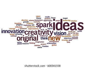 Vector concept conceptual creative new ideas or brainstorming abstract word cloud isolated on background metaphor to spark, creativity, original, innovation, vision, think, achievement, smart genius