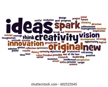 Vector concept conceptual creative new ideas or brainstorming abstract word cloud isolated on background metaphor to spark, creativity, original, innovation, vision, think, achievement, smart genius