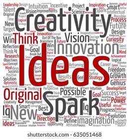 Vector concept or conceptual creative new idea brainstorming square word cloud isolated on background. Collage of spark creativity, original innovation vision, think, achievement or smart genius text