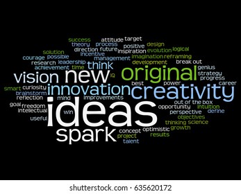 Vector concept or conceptual creative new idea brainstorming abstract word cloud isolated on background. Collage of spark creativity, original innovation vision, think, achievement, smart genius text