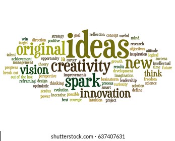 Vector concept or conceptual creative new idea brainstorming abstract word cloud isolated on background. Collage of spark creativity, original innovation vision, think, achievement, smart genius text