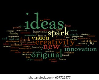Vector concept or conceptual creative new idea brainstorming abstract word cloud isolated on background. Collage of spark creativity, original innovation vision, think, achievement, smart genius text