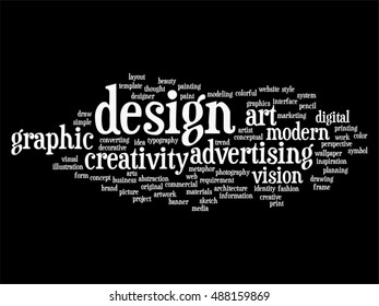 Vector concept conceptual creativity art graphic design visual word cloud isolated on background metaphor to advertising, decorative, fashion, identity, inspiration, vision, perspective or modeling