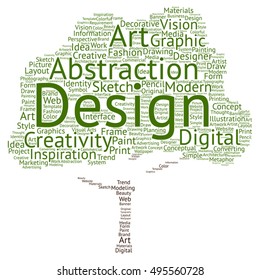 Vector concept or conceptual creativity art graphic design tree word cloud isolated on background metaphor to advertising, decorative, fashion, identity, inspiration, vision, perspective or modeling
