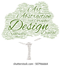 Vector concept or conceptual creativity art graphic design tree word cloud isolated on background metaphor to advertising, decorative, fashion, identity, inspiration, vision, perspective or modeling