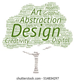 Vector concept or conceptual creativity art graphic design tree word cloud isolated on background metaphor to advertising, decorative, fashion, identity, inspiration, vision, perspective or modeling