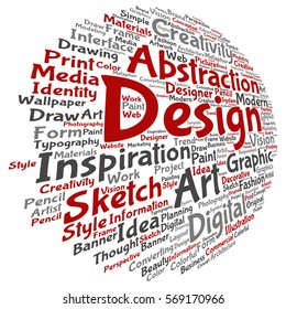 Concepto vectorial creatividad conceptual arte diseño gráfico nube de palabras visuales aislado en metáfora de fondo a publicidad, decorativa, moda, identidad, inspiración, visión, perspectiva o modelado