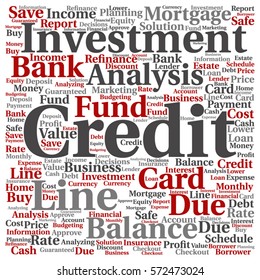 Vector concept or conceptual credit card line investment balance square word cloud isolated on background metaphor to money analysis, business fund balance, estate, mortgage, safe refinance solution