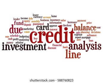 Vector concept or conceptual credit card line investment balance abstract word cloud isolated on background metaphor to money analysis, business fund balance, estate, mortgage, safe refinance solution