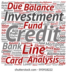 Vector concept or conceptual credit card line investment balance square word cloud isolated on background metaphor to money analysis, business fund balance, estate, mortgage, safe refinance solution