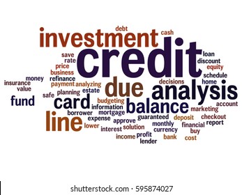 Vector concept or conceptual credit card line investment balance abstract word cloud isolated on background metaphor to money analysis, business fund balance, estate, mortgage, safe refinance solution