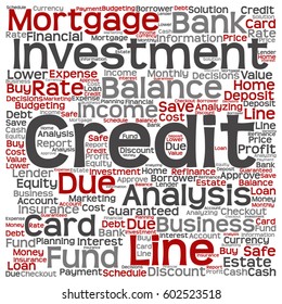 Vector concept or conceptual credit card line investment balance square word cloud isolated on background metaphor to money analysis, business fund balance, estate, mortgage, safe refinance solution