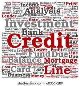 Vector concept or conceptual credit card line investment balance square word cloud isolated on background metaphor to money analysis, business fund balance, estate, mortgage, safe refinance solution