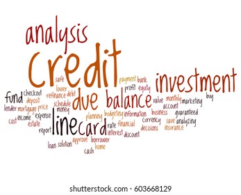 Vector concept or conceptual credit card line investment balance abstract word cloud isolated on background metaphor to money analysis, business fund balance, estate, mortgage, safe refinance solution