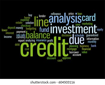 Vector concept or conceptual credit card line investment balance abstract word cloud isolated on background metaphor to money analysis, business fund balance, estate, mortgage, safe refinance solution