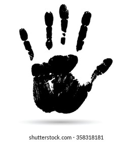 Vector concept conceptual cute black paint human hand or handprint of child isolated on white background for art, childhood, fun, happy, infant, symbol, kid, identity, education, school, little young