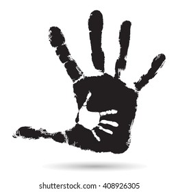 Vector concept or conceptual cute black paint hand of mother child handprint isolated on white background