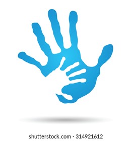 Vector concept or conceptual cute paint hand of mother child isolated on white background for art, care, childhood, family, fun, happy, infant, symbol, kid, little, love, mom, motherhood, young design