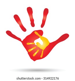 Vector concept or conceptual cute paint hand of mother child isolated on white background for art, care, childhood, family, fun, happy, infant, symbol, kid, little, love, mom, motherhood, young design