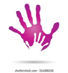 Vector concept or conceptual cute paint hand of mother child isolated on white background for art, care, childhood, family, fun, happy, infant, symbol, kid, little, love, mom, motherhood, young design