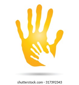 Vector concept or conceptual cute paint hand of mother child isolated on white background for art, care, childhood, family, fun, happy, infant, symbol, kid, little, love, mom, motherhood, young design