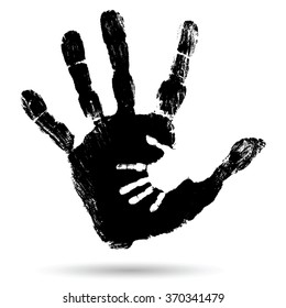 Vector concept or conceptual cute paint hand of mother child isolated on white background for art, care, childhood, family, fun, happy, infant, symbol, kid, little, love, mom, motherhood, young design