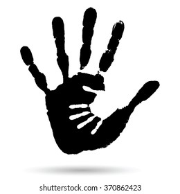 Vector concept or conceptual cute paint hand of mother child isolated on white background for art, care, childhood, family, fun, happy, infant, symbol, kid, little, love, mom, motherhood, young design