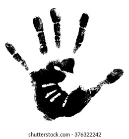 Vector concept or conceptual cute paint hand of mother child isolated on white background for art, care, childhood, family, fun, happy, infant, symbol, kid, little, love, mom, motherhood, young design