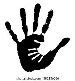 Vector concept or conceptual cute paint hand of mother child isolated on white background for art, care, childhood, family, fun, happy, infant, symbol, kid, little, love, mom, motherhood, young design