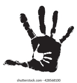 Vector concept or conceptual cute paint hand of mother child isolated on white background for art, care, childhood, family, fun, happy, infant, symbol, kid, little, love, mom, motherhood, young design